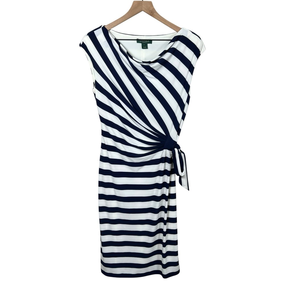 Lauren Ralph Lauren Womens 10 Blue White Striped Draped Neck Cap Sleeve Dress